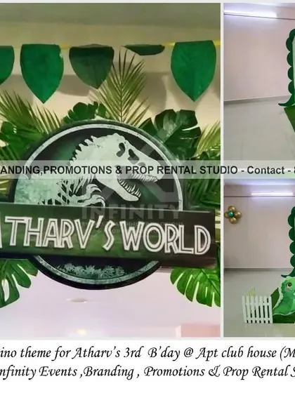 We transported guests to "Atharv's World" with this epic dinosaur theme for his third birthday. The setup features a custom Jurassic Park-style logo, lush greenery, dinosaur cutouts, and a semi-circular backdrop, creating a prehistoric adventure for all the guests.