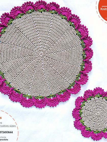 A beautiful placemat and matching coaster set in a subtle beige with a rich purple scalloped edge. The placemat is 15 inches, but I can make them in custom sizes.