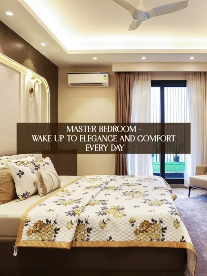 In this master bedroom, you wake up to elegance and comfort every day. The room features a sitting area by the window, a custom headboard with integrated lighting, and direct access to the outdoors.