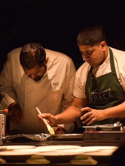 The two chefs from 'The Wonder Years' pop-up, working side-by-side in our open kitchen, bringing their Goan heritage to life.