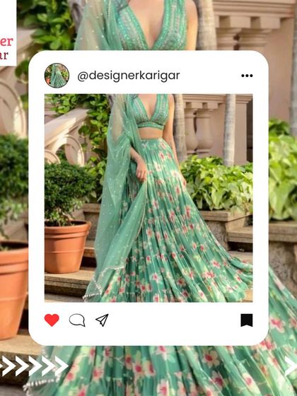 A light and airy floral lehenga in a beautiful sea-green shade. The pleated skirt creates wonderful movement, making it an ideal outfit for a Sangeet performance or a summer wedding.