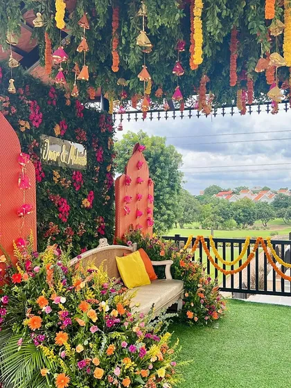 Haldi with a view. This setup was all about embracing the beautiful surroundings while adding our signature touch of vibrant color and festive florals.