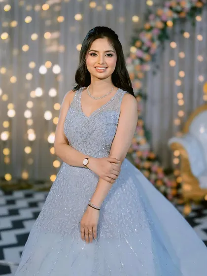 A true Disney princess moment. This bride looks stunning in her powder blue ball gown for her engagement, with makeup that is equally magical and dreamy.
