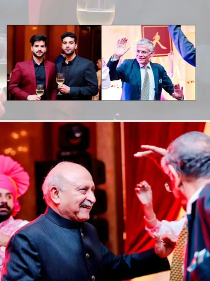 This collage captures the energy of the wedding guests. From friends raising a glass to older family members hitting the dance floor, it's all about the celebration.