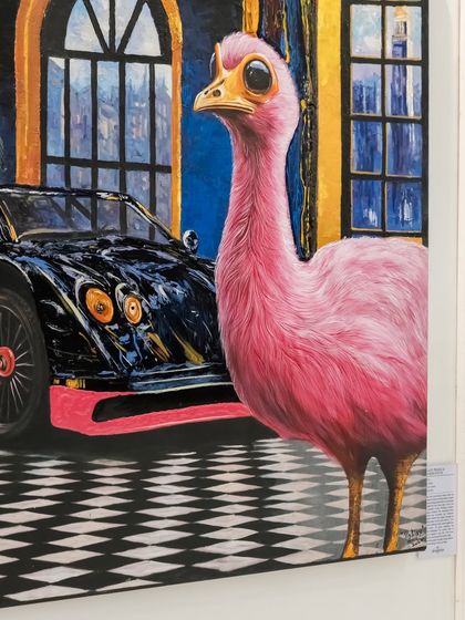 The surreal pink ostrich from "Pagani, Prada & pandemonium," a striking figure that adds to the painting's maximalist, influencer-inspired aesthetic.
