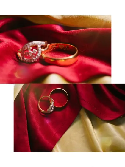 Detailed shots of Ashlesha and Harsh's beautiful engagement rings, artfully placed on rich, colourful fabric to highlight their design and sparkle.