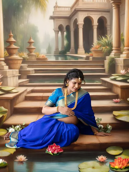 An elegant maternity portrait inspired by classical paintings. The expectant mother is captured in a serene moment, surrounded by water lilies in a beautiful blue saree.