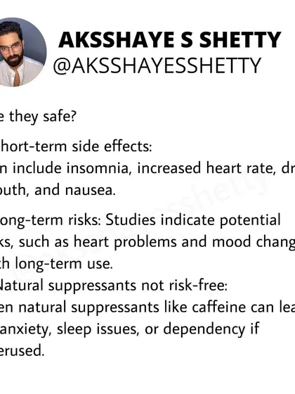Hunger suppressants are a quick fix, not a sustainable solution. They don't address the root causes of eating habits and can have side effects. I teach natural hunger control methods through a balanced diet and mindful eating.