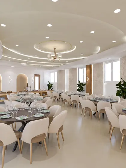 This is our vision for a modern banquet hall, a space designed for celebration. We focused on creating an elegant yet flexible environment with soft curves, layered lighting, and a neutral palette that can be adapted for any event.