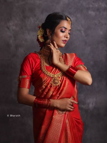 This studio shot focuses on the graceful lines of the model's pose and the draping of the saree, creating a timeless and elegant portrait.