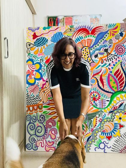 Bingo always wants to be part of the photoshoot. This painting is a reflection of the joy and color in my life.