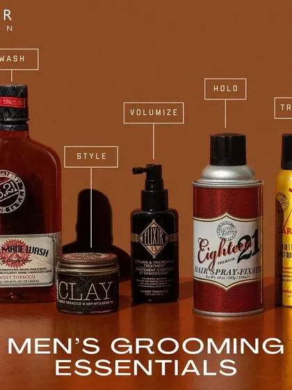 The complete arsenal for the modern gentleman. I stock and use 18.21 Man Made products for every step of the grooming process, including their Man Made Wash, styling clay, and hair spray for a perfect hold.