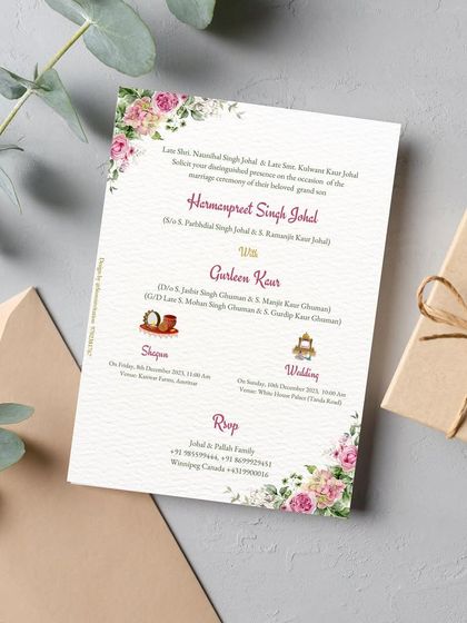 The details page of the Anand Karaj invitation, maintaining the elegant floral theme while clearly presenting the information for the Shagan and Wedding ceremonies.