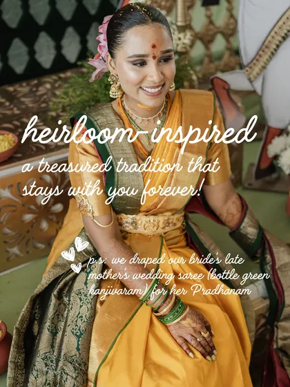 A bride beautifully draped in her late mother's bottle green Kanjeevaram for her Pradhanam ceremony. We believe that incorporating heirloom-inspired pieces creates a treasured tradition that stays with you forever.