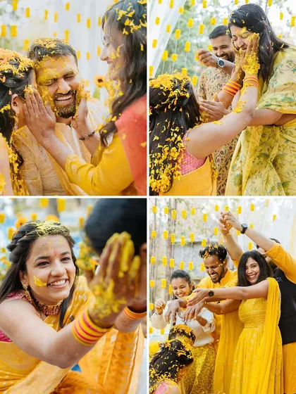 More candid moments from a forest Haldi, showing the couple and guests laughing and enjoying the celebration.