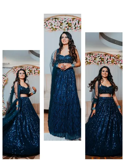 The bride looking stunning in a glittering blue lehenga for her Sangeet night. We capture the glamour and excitement of this musical evening.