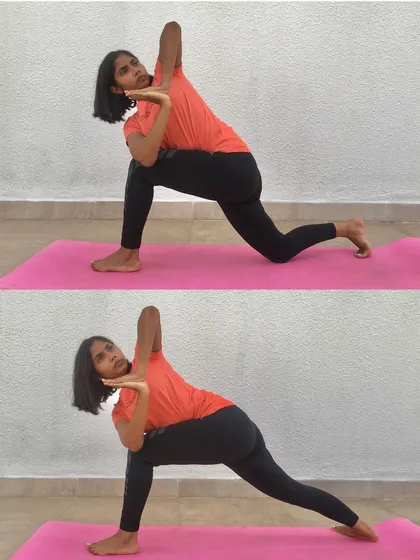 Parivrtta Parsvakonasana (Revolved Side Angle Pose) variations. This powerful standing twist increases stamina, improves balance, and stretches the shoulders and spine.