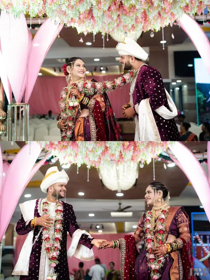 A collage showing the playful Varmala exchange and a loving moment between the couple, set against a beautiful floral backdrop.
