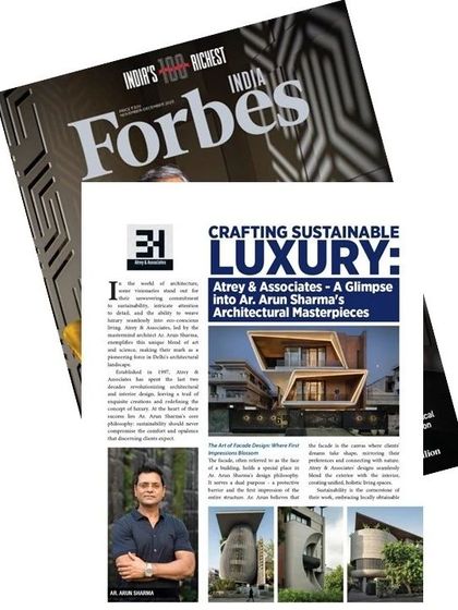The cover page of the Forbes India article, "Crafting Sustainable Luxury," which provides a glimpse into my architectural masterpieces.