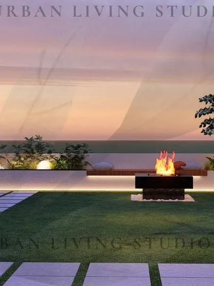 This render showcases a minimalist design with a long, built-in bench and a central fire pit, creating a clean and modern space for relaxation against a beautiful sunset backdrop.