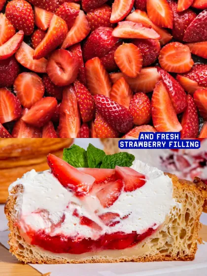 I also do sweet stuff, and I do it right. This is a cross-section of my Strawberries and Cream Danish, showing the flaky croissant pastry, smooth mascarpone cream, and fresh strawberry filling.