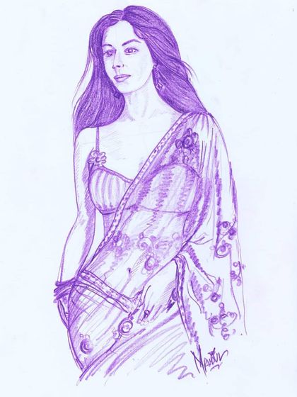 An early experiment with color pencil. This piece shows my initial explorations into combining line work with color to create a full-figure illustration.