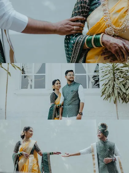 A collage of tender and playful interactions between the bride and groom during their Maharashtrian wedding.
