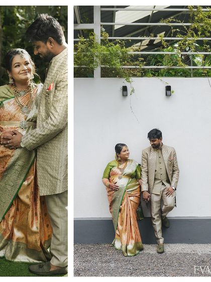 A diptych showing an expecting couple in traditional attire, sharing a loving glance in a lush garden setting. This captures the serene and intimate moments of a traditional maternity shoot.