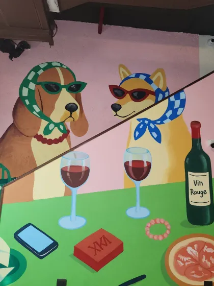 This quirky mural at a Gurgaon cafe brings a dose of fun and personality to the space. We specialize in creating custom characters and scenes that tell a story, making your establishment a memorable spot for customers.