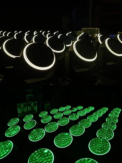 The Astra Wash fixtures with their unique 'glow' ring illuminated, a feature that adds an extra layer of visual interest on camera.