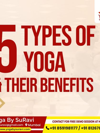 A title card for our series on "5 Types of Yoga & Their Benefits," encouraging users to begin their wellness journey.