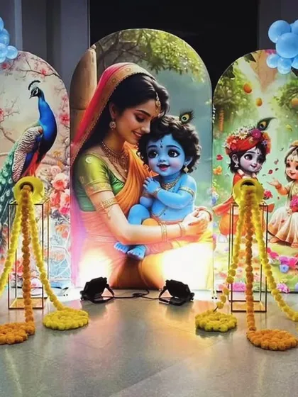 Even my traditional themes can have a modern twist. I used colorful balloon garlands here to frame the beautiful Krishna backdrop, adding a sense of fun and celebration to this special baby shower event.