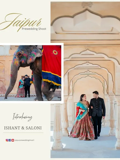 A branded intro image for Ishant and Saloni, featuring a stunning shot with a decorated elephant at Amer Fort, embodying the royal theme.