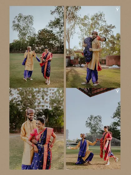 A collage of a couple in traditional Maharashtrian attire, sharing fun and energetic moments. From playful poses to the groom lifting the bride, these images are full of life and joy.