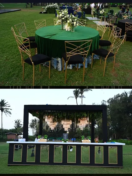 The bar at the Sangeet was a statement piece, with a mirrored front and three stunning chandeliers hanging above it. The guest seating featured elegant tables with deep green velvet cloths.