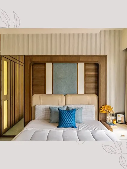 The final bed backdrop, a multi-nuanced piece combining ash grey veneer, ivory polyurethane, and fabric for a subtle, soothing character.