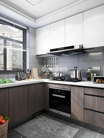 A practical and stylish L-shaped kitchen with two-tone cabinets in dark wood grain and glossy white. The design is perfect for everyday use, with ample counter space and natural light from the window.