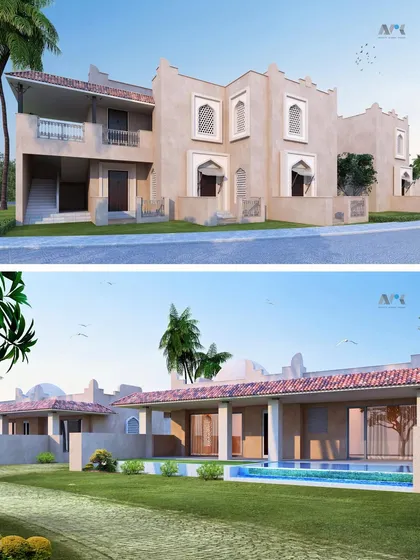 Additional views of the resort suites in Kutch. The design provides a mix of private balconies and ground-level patios with pools, offering guests a variety of ways to experience the serene landscape.