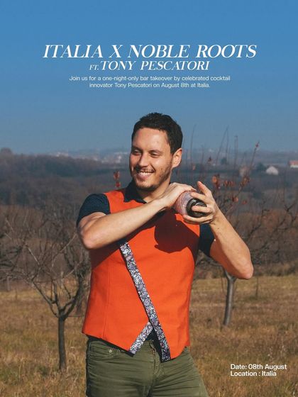 A poster for a one-night-only bar takeover by celebrated cocktail innovator Tony Pescatori at Italia, part of our series of exclusive mixology events.