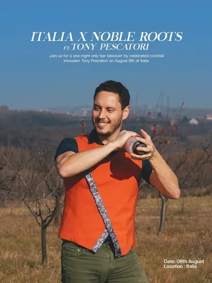 A poster for a one-night-only bar takeover by celebrated cocktail innovator Tony Pescatori at Italia, part of our series of exclusive mixology events.