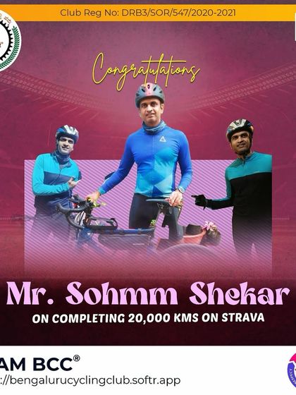 Congratulations to Sohmm Shekar on completing 20,000 kms on Strava. We celebrate this fantastic achievement with you.