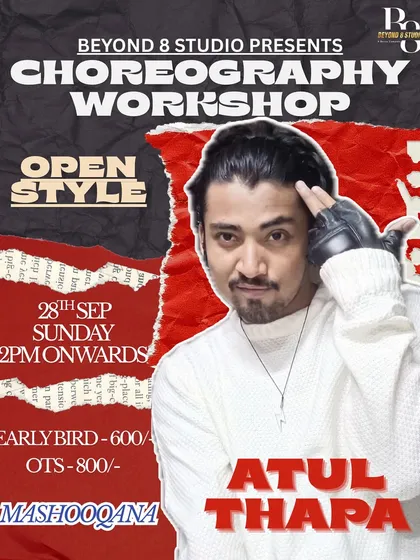 This poster for an Open Style workshop on 'Mashooqana' uses a torn-paper design to reflect the edgy, raw, and creative nature of the choreography.