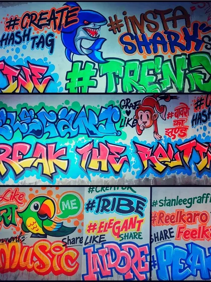 This graffiti wall was created for a mall event. It’s packed with fun characters, hashtags, and trendy words in Hindi and English, designed to be an interactive and shareable photo backdrop.