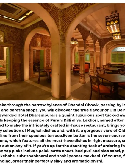 An article from Outlook Traveller featuring Lakhori Restaurant at Haveli Dharampura. The piece praises the restaurant for its exemplary Mughal dishes and the gorgeous views of Old Delhi's rustic skyline from its spacious terrace.