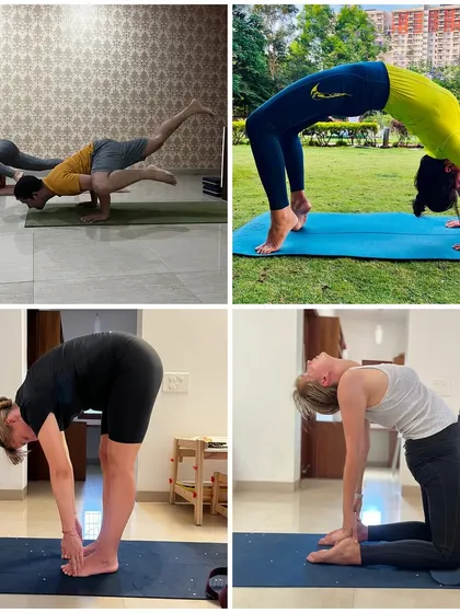 This collage captures the variety of our practice. It includes partner arm balances, deep backbends, and foundational forward folds, showing the diverse ways we can move and strengthen our bodies.