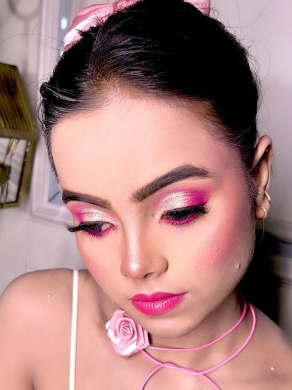 Another angle of the Barbie look, showing the precision of the eye makeup. The sharp brows and blended eyeshadow are key elements that I focus on in my makeup classes.