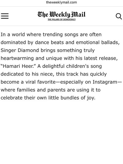 Another piece from The Weekly Mail on 'Hamari Heer'. It talks about how the song became a favorite for families on Instagram, which is exactly what I aim for with my custom family and tribute songs.