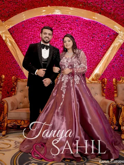 The official couple portrait, beautifully framed with their names, marking the celebration of Tanya and Sahil's union.