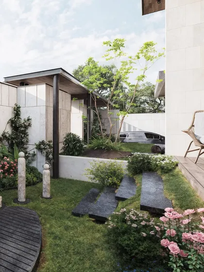 This image showcases a zen-inspired garden space. The visualization details the irregular stone pathway, wooden deck elements, and carefully placed sculptures, highlighting my ability to render curated and artistic landscape designs.