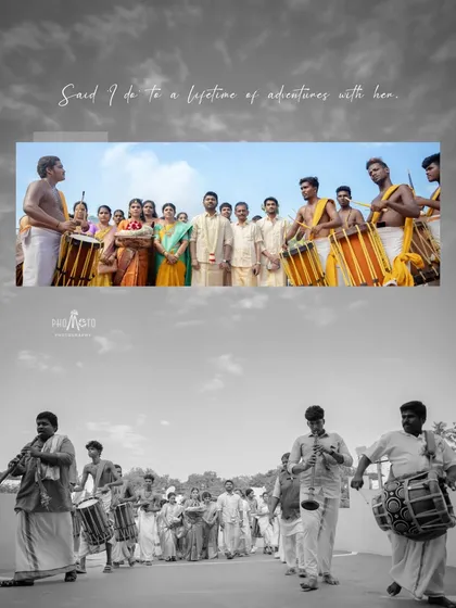The energy of a wedding procession is infectious. Here, I captured the vibrant sounds and colors of a traditional Chenda Melam, an essential part of many South Indian weddings. This image shows my ability to document the grand, celebratory aspects of your day.